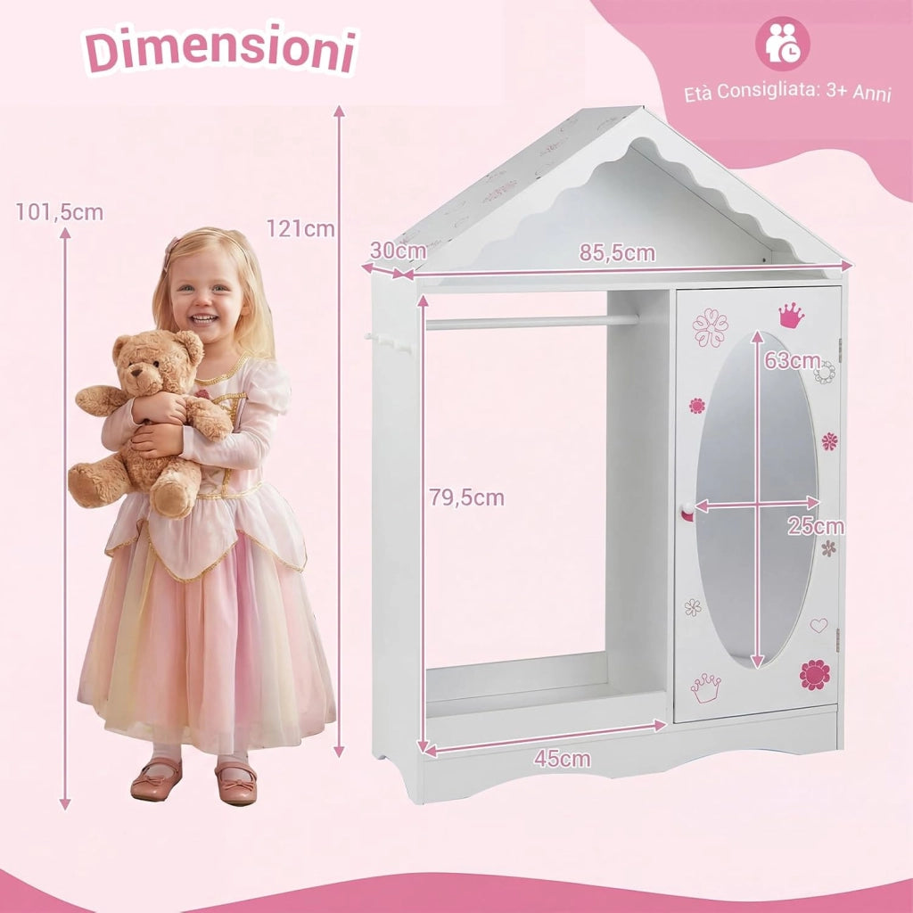 Armadio con Specchio per Bambini, Guardaroba Coperto con Appendiabiti Aperto, Scaffali e Ganci, Armadio e Organizzatore di Costumi per Camera da Letto e Stanza dei Giochi (Bianco)