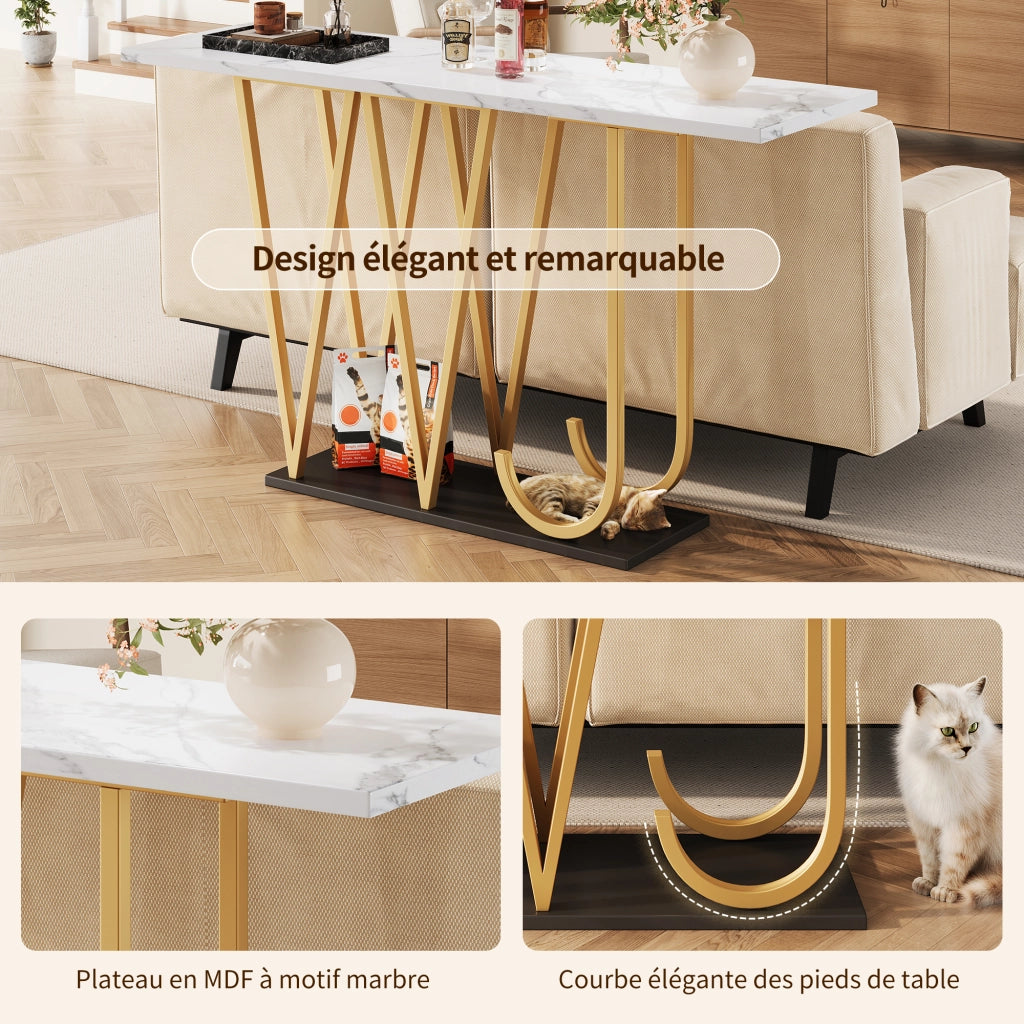 Consolle con vano aperto e piano in effetto marmo, per ingresso e soggiorno, in MDF e metallo bianco, 120 × 29,5 × 80 cm
