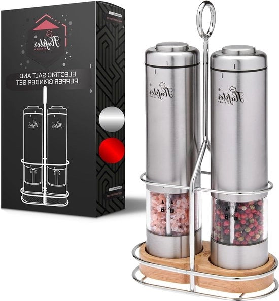 Set di macinapolvere elettrico a batteria (2 pezzi) con molini ceramici standard, illuminazione, regolazione della grandezza della polvere