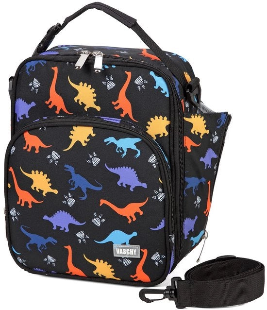 Borsa da picnic per bambini, borsa trasportabile e riutilizzabile con contenitori per bottiglia, borsa da pranzo per scuola e picnic (dinosauro nero)