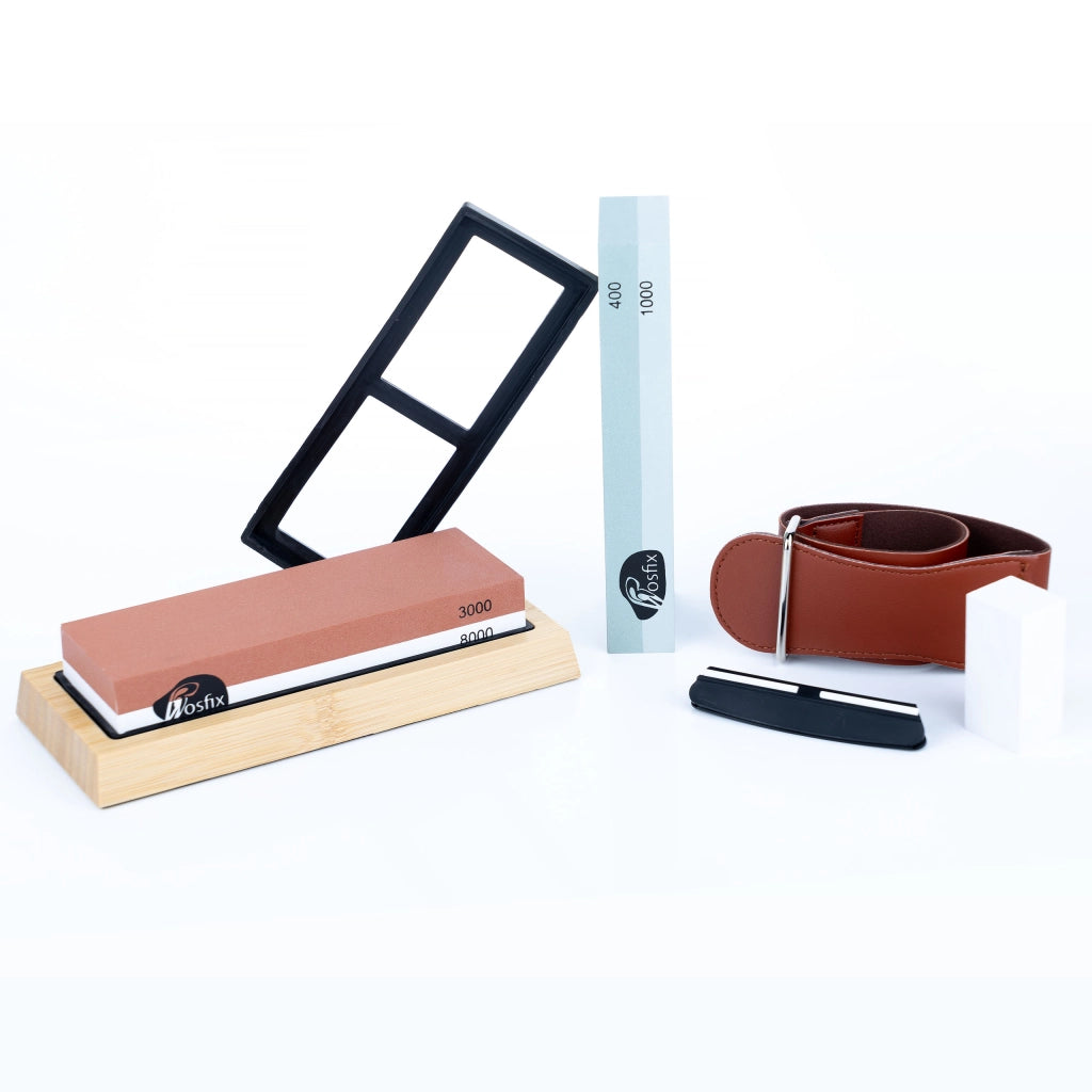 Set di Pietre per Affilare Rosfix – 400/1000/3000/8000 Grit | Base Antiscivolo, Guida Angolare, Supporto in Bambù