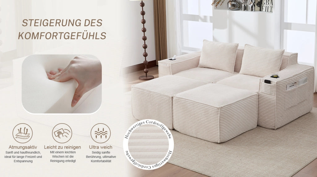 Divano modulare in velluto a coste beige con portabevande e tasche