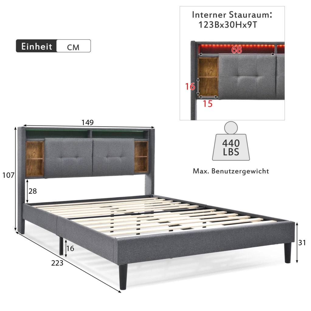 Letto imbottito con testiera contenitore; USB; prese e LED; 140x200 cm; grigio
