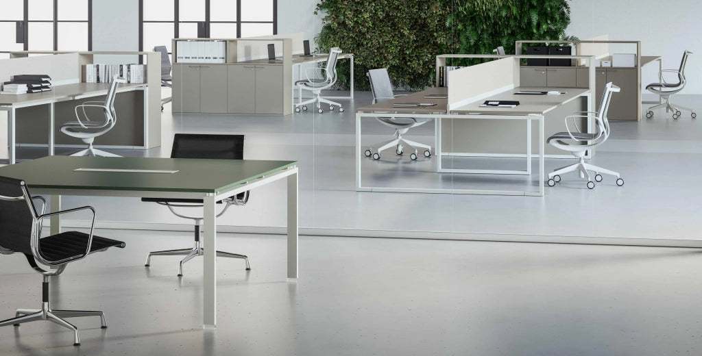 Doppio tavolo riunione con gambe a cavalletto in metallo e piano in melaminico cm. 280/320/360 x164x73h