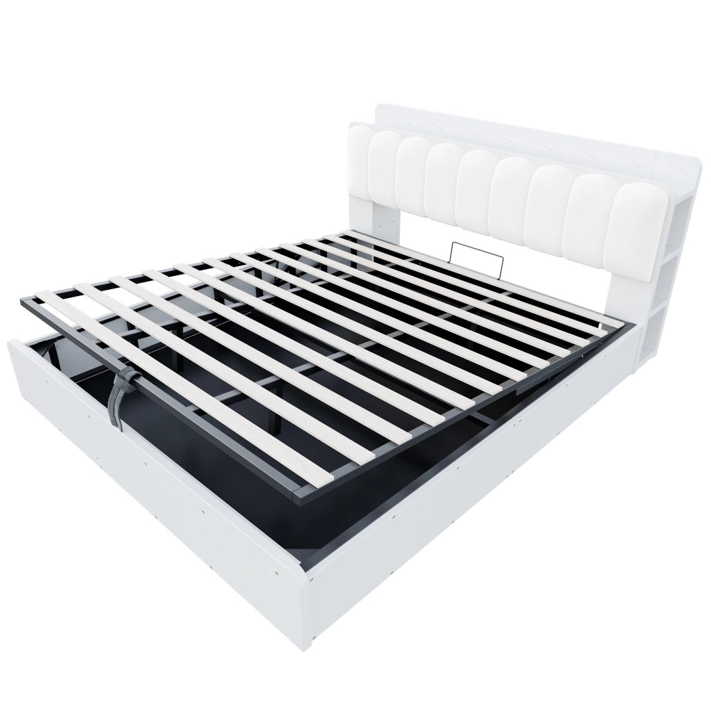 Letto matrimoniale 180x200 cm in legno bianco con contenitore idraulico; testiera imbottita e USB