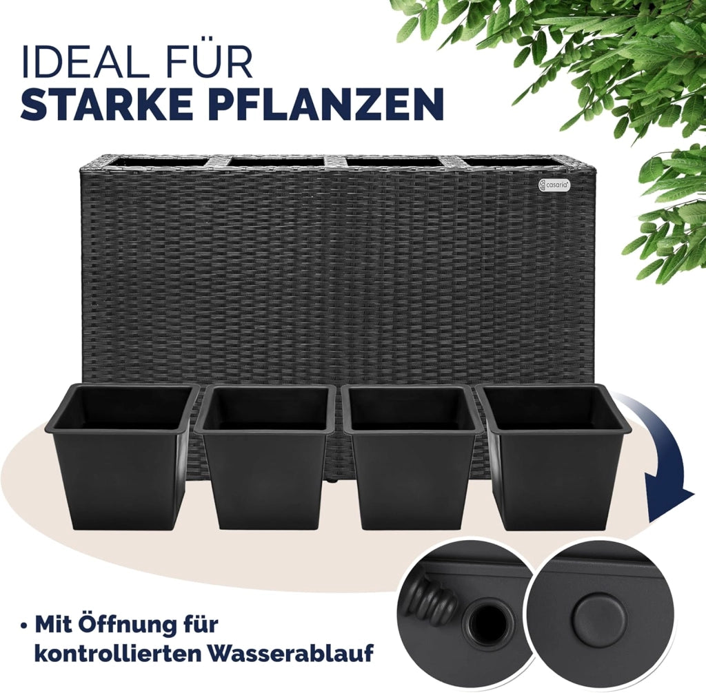 Fioriera Rettangolare 95x27x60 cm con 4 Vasi Interni in Polyrattan con Sistema di Drenaggio Fioriere Porta Vaso da Fiori Piante Divisorio Giardino Balcone Terrazza Nero