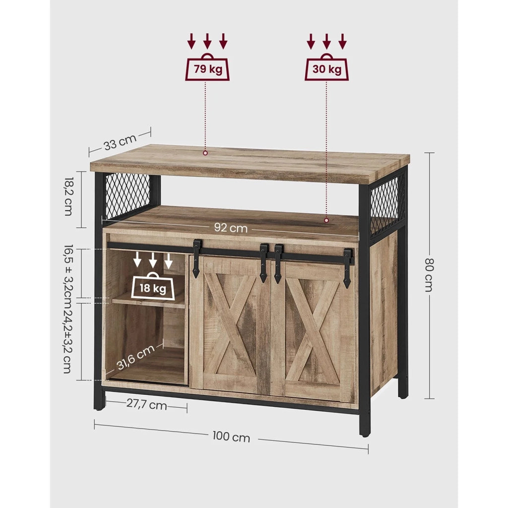 Credenza da pranzo/credenza da cucina 33 x 100 x 80 cm mobile contenitore con ante scorrevoli e ripiano regolabile stile industriale per soggiorno marrone rustico e nero 12_0004531