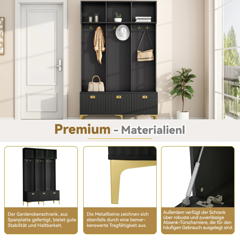 Set guardaroba con panca e scarpiera nero 120x23,5x191,5 cm