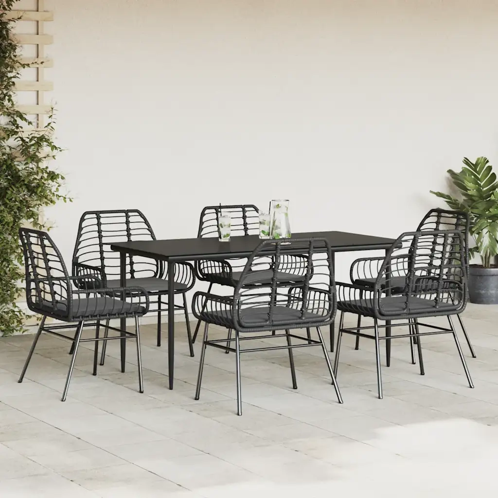 vidaXL Set Pranzo da Giardino 7 pz Nero con Cuscini Polyrattan Vetro