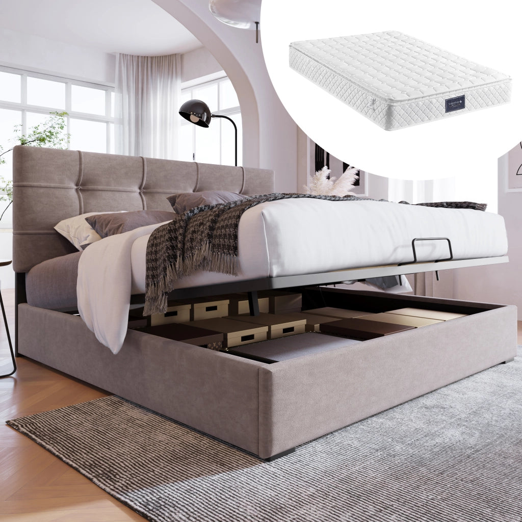 Letto matrimoniale idraulico – 140x200 cm – testiera regolabile con materasso – velluto grigio chiaro