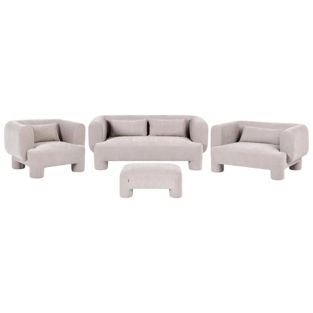 Set da salotto in tessuto beige scuro divano a 3 posti dalle linee morbide e curve divanetto poltrona e pouf in stile retrò minimalista