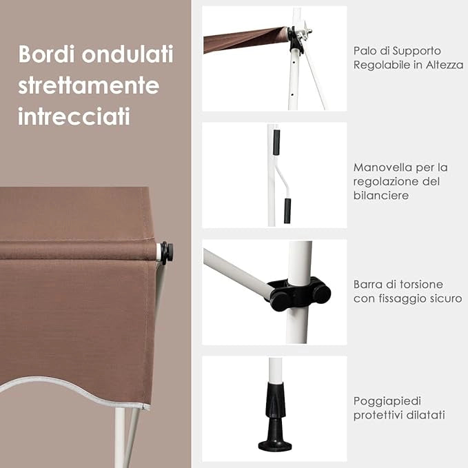 Tenda da Sole per Esterno, Tenda da Sole a Morsetto per Balcone con Struttura Telescopica e Tessuto Resistene ai Raggi Solari, Regolabile in Altezza e in Angolazione (150 cm,Marrone)