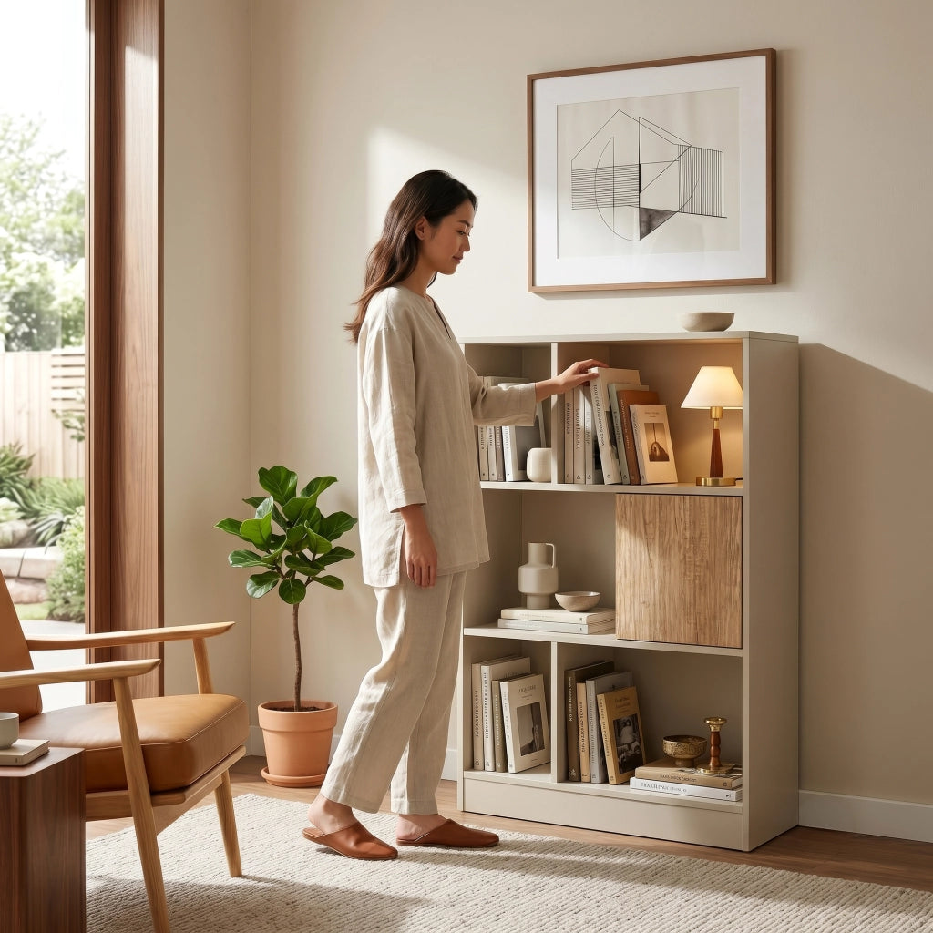 Libreria Karena Scaffale da Terra con Anta e 5 Vani Aperti 112x70x30 cm - Bianco Crema/Effetto Rovere [en.casa]