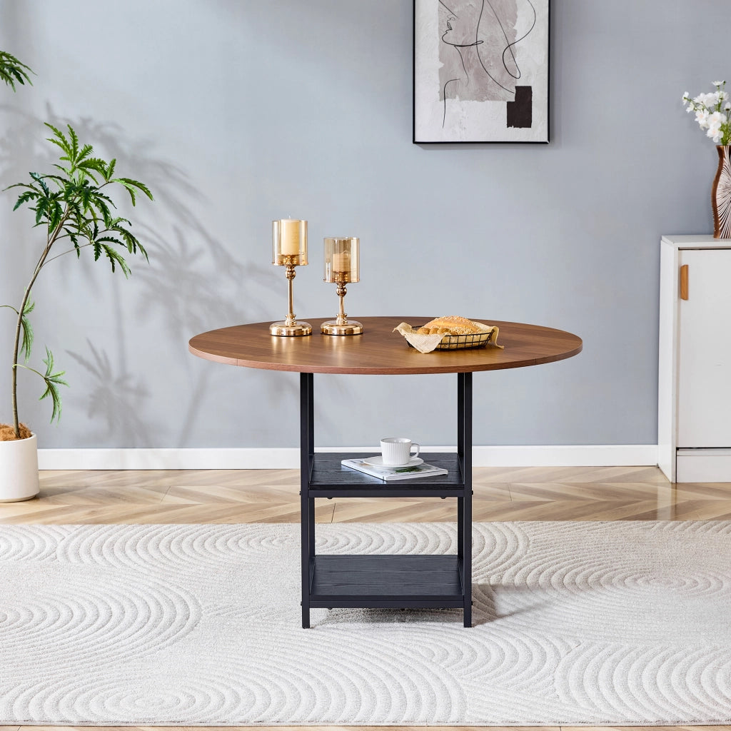 Tavolo da pranzo rotondo con doppio ripiano, 2-4 posti, in MDF effetto noce e metallo nero, per soggiorno, 107 cm