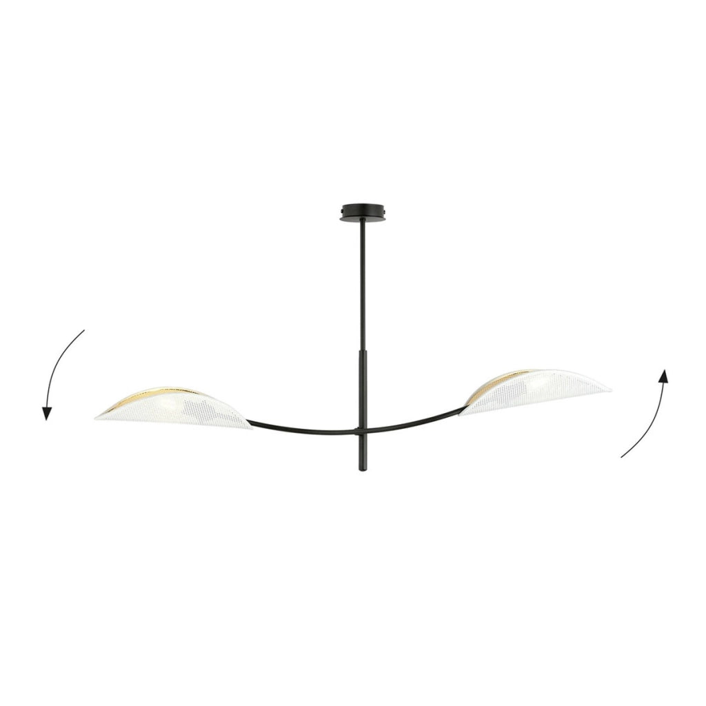 Lampada a sospensione Lotus in acciaio nero con paralumi bianco e oro