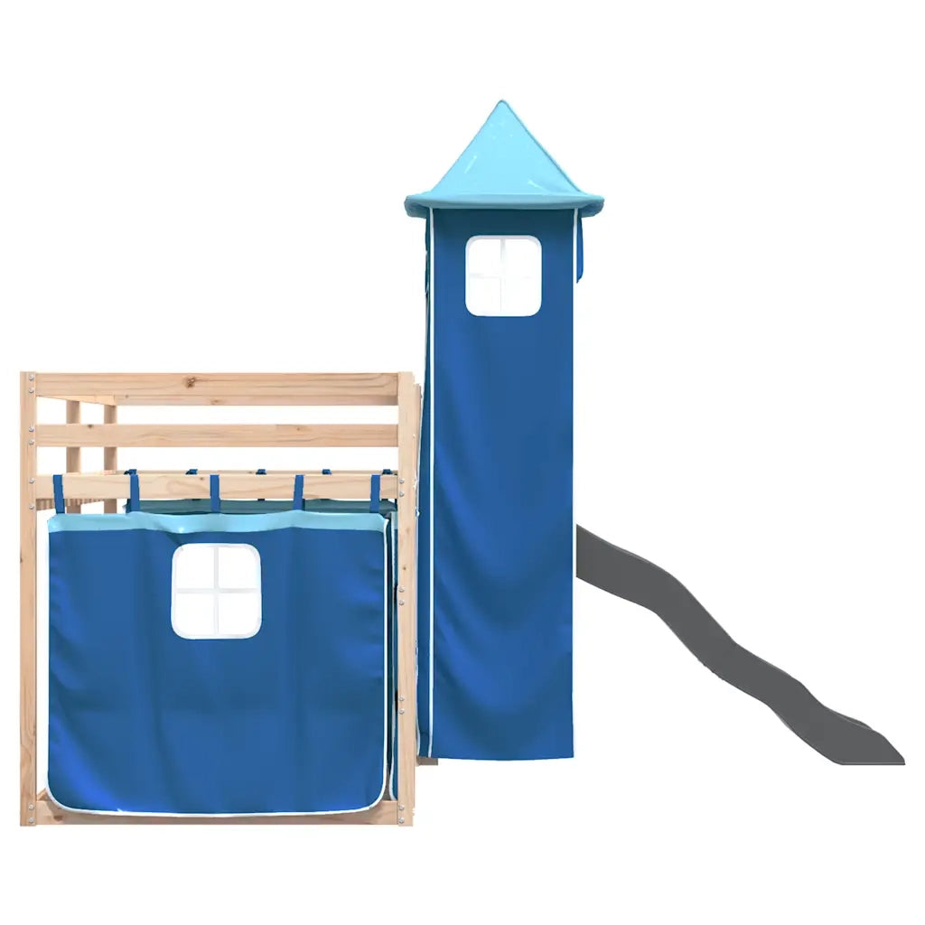 Letto singolo | Letto per adulti | Letto a Castello con Scivolo e Tende Blu 80x200 cm