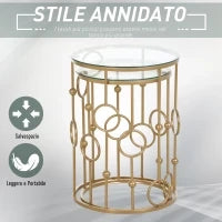 Set 2 Pezzi Tavolini da Caffè Design Elegante con Motivi a Cerchio, Metallo e Vetro Temperato Φ41x57cm & Φ36x51cm, Oro