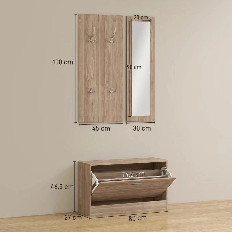 SET MOBILI DA INGRESSO CON PANCA SCARPIERA, APPENDIABITI A MURO E SPECCHIO, 80X27X46.5 CM, MARRONE SCURO