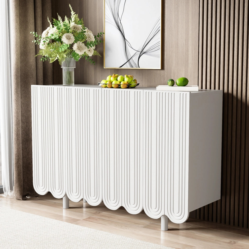 Sideboard bianco in MDF con intagli a goccia e cerniere ammortizzate, 120x80,8x37,5 cm