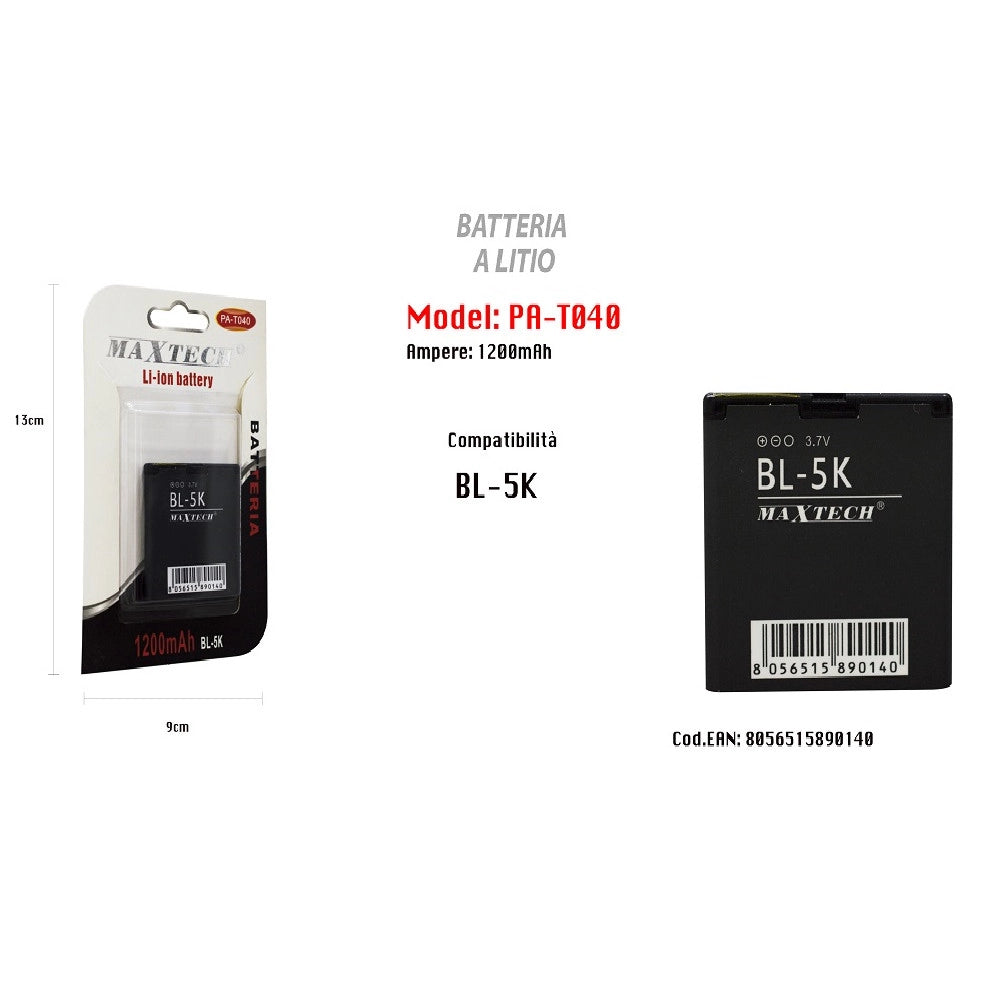 Trade Shop - Batteria Per Telefono Compatibile Con Bl-5k 1200 Mah Li-ion 3,7v Maxtech Pa-t040 -