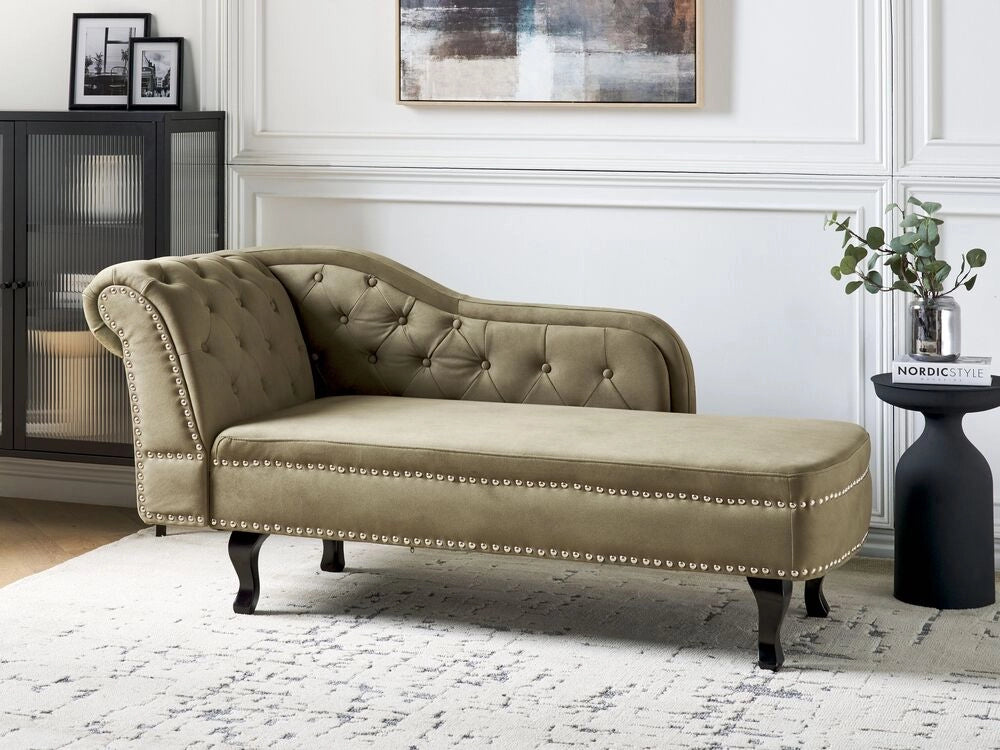 Chaise longue in velluto verde oliva versione sinistra Con Bottoni stile retrò