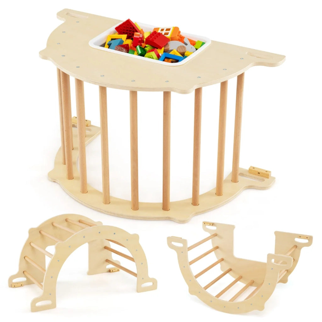 Set di 1 arco da arrampicata 8 in 1 90 x 50 x 48 cm con contenitore pieghevole per lo sviluppo motorio in legno naturale 20_0009993