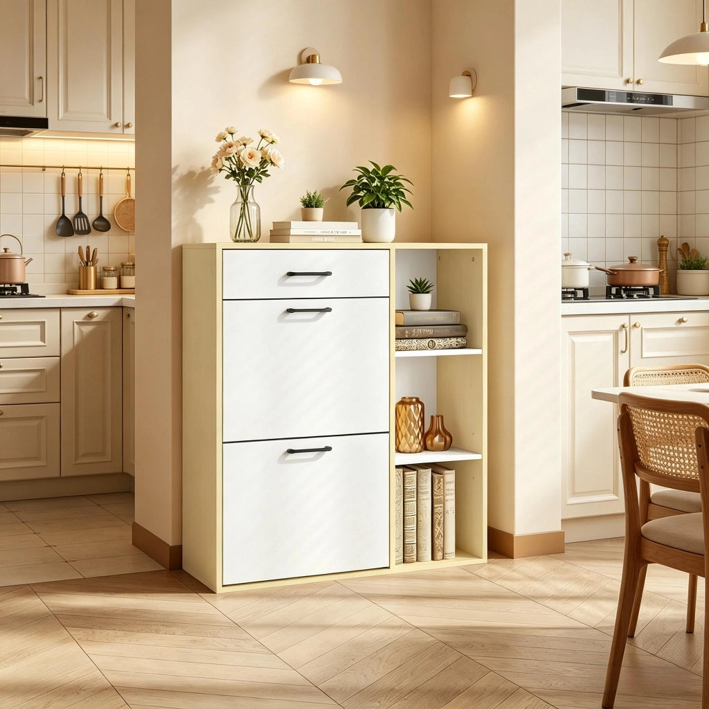 Scarpiera slim con cassetto e 2 ante a ribalta, 3 vani aperti, per ingresso e corridoio, bianco, 80 × 90 × 30 cm