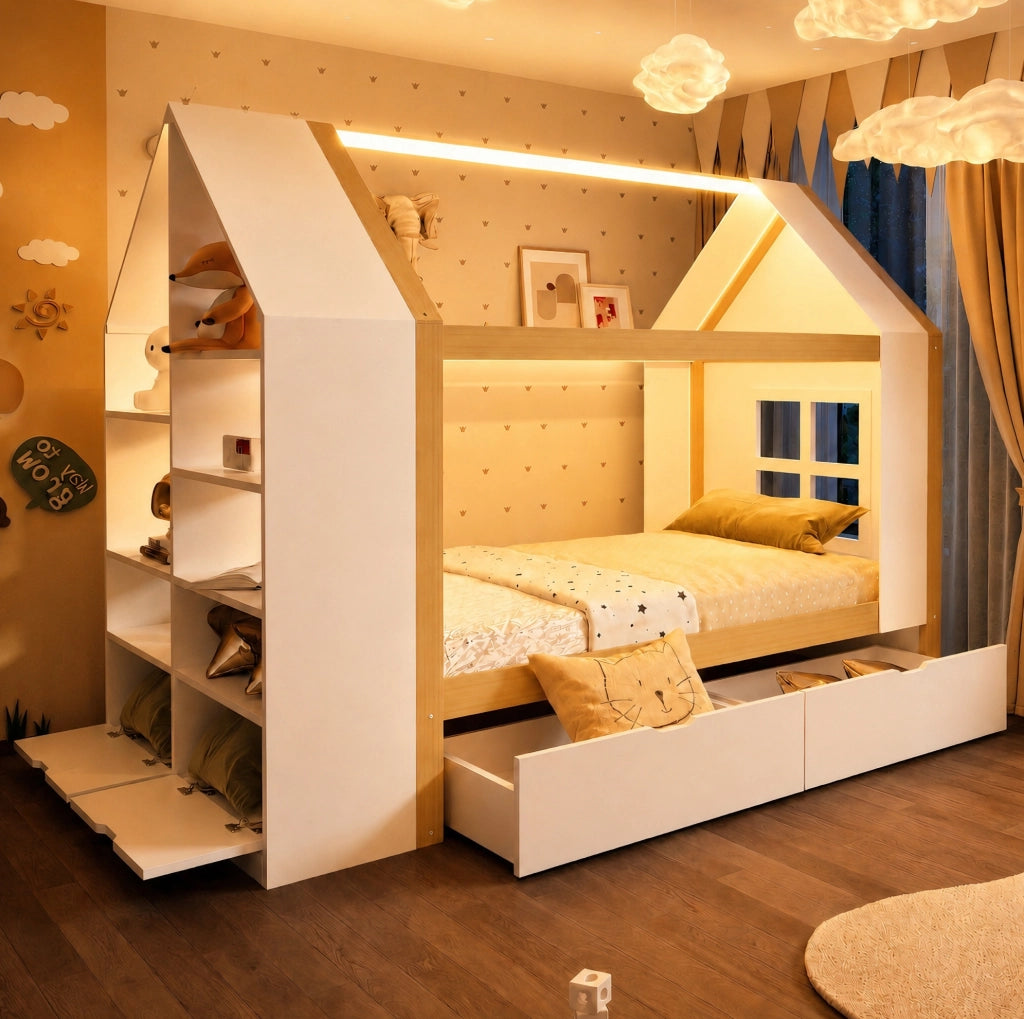Letto per bambini a casetta 90x200 cm con cassetti, vano contenitivo e LED