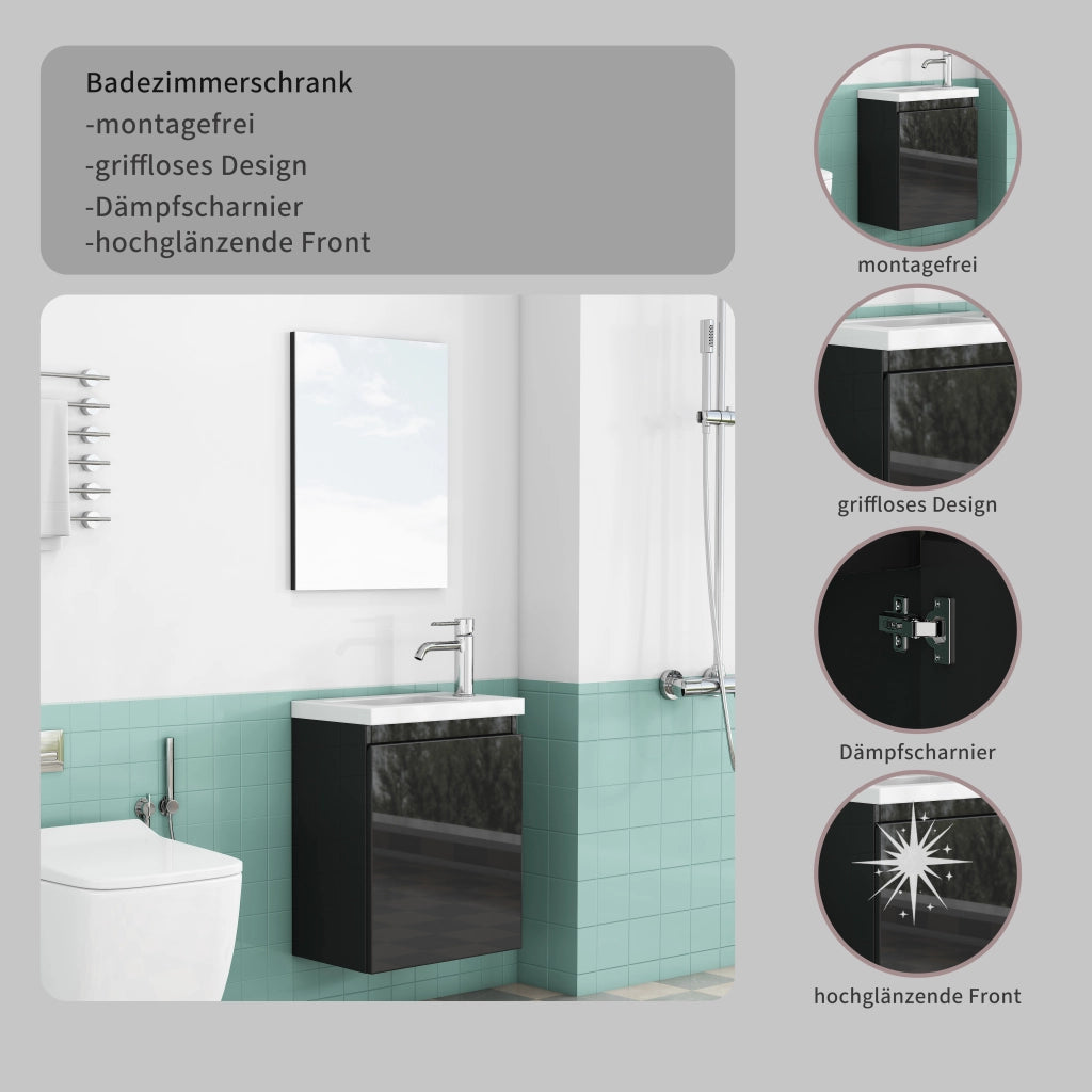Mobiletto da bagno nero lucido da 40 cm, mobiletto a parete con lavabo in ceramica e specchio, design senza maniglie, cerniere con chiusura