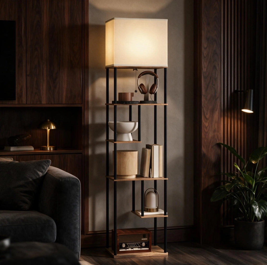 Lampada da terra dimmerabile con 5 ripiani; telecomando; MDF e metallo; beige e nero