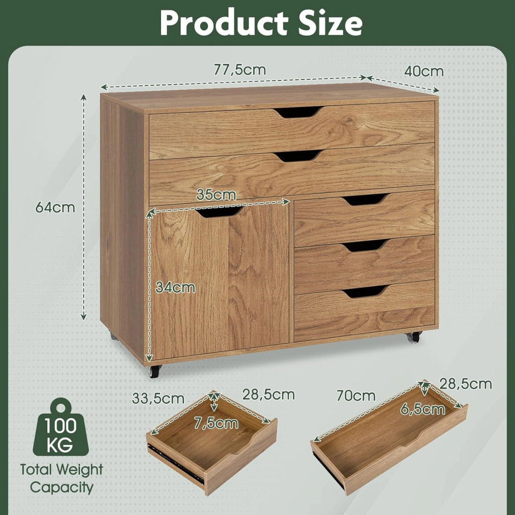 Cassettiera con 5 cassetti e 1 armadietto, armadietto mobile a 5 ruote, cassettiera sotto scrivania, 77,5 x 40 x 64 cm (naturale)