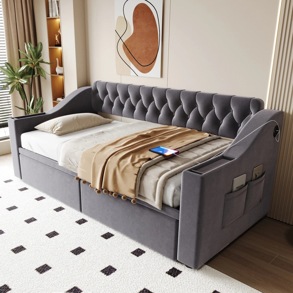 Divano letto imbottito in velluto con 2 cassetti; vani contenitore e USB; 90 x 190 cm; grigio