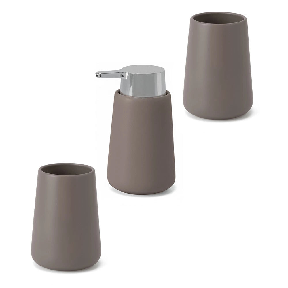Set accessori bagno in ceramica tortora con dispenser sapone e due portaspazzolini Sidney