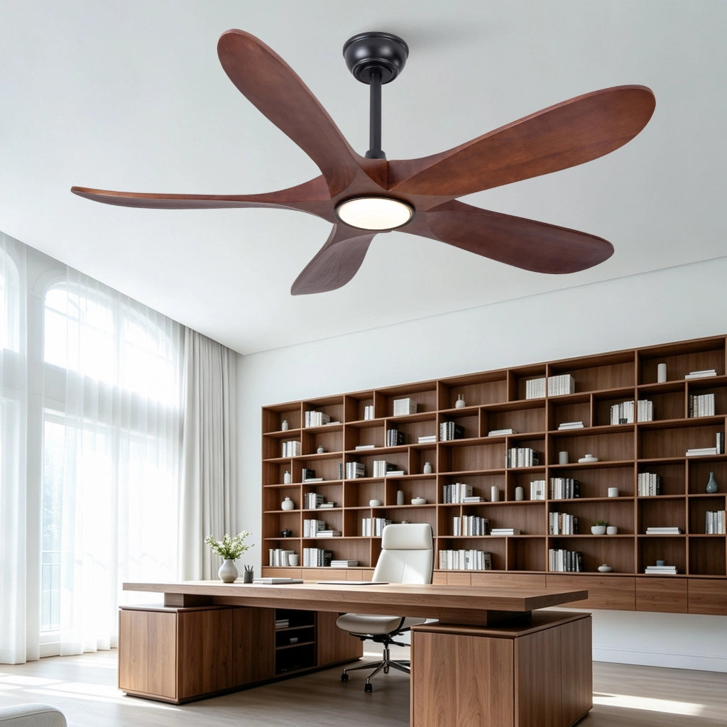 Ventilatore da soffitto con illuminazione a 5 pale; 6 velocità e timer in legno noce e nero