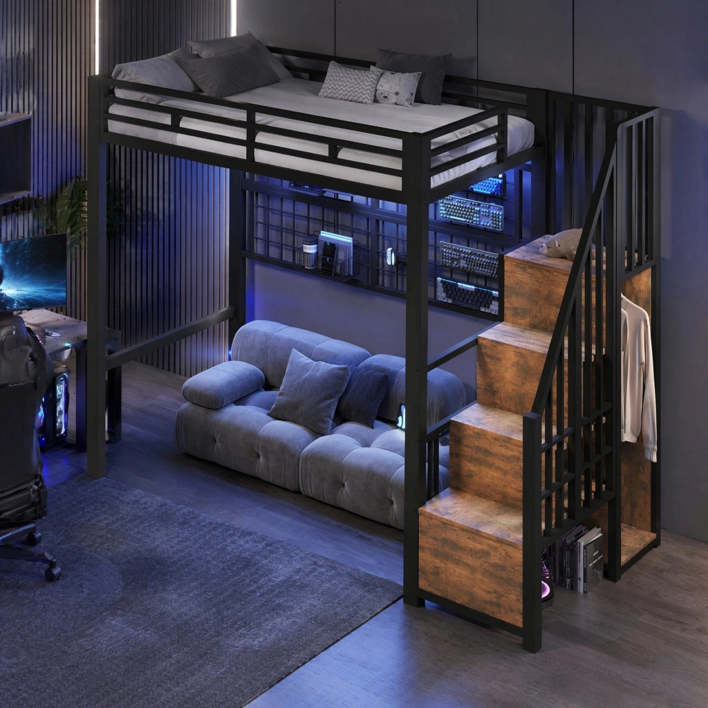 Letto a soppalco 90x200 cm con armadio, LED 7 colori