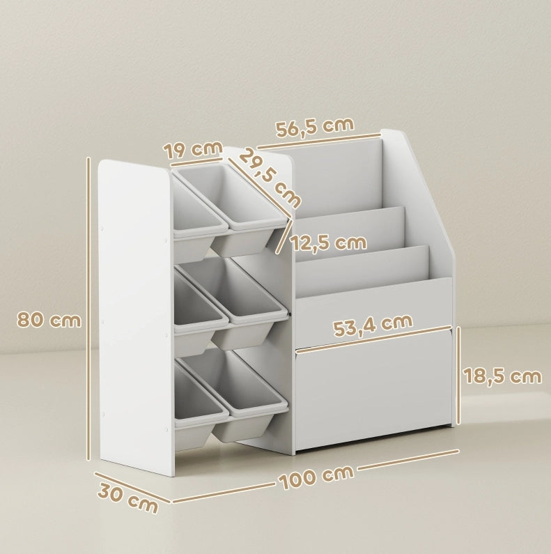Scaffale portagiochi bianco con 6 contenitori