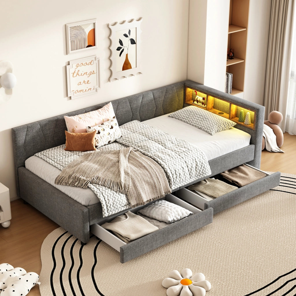 LETTO Giorno 90x200 cm Grigio in lino e MDF con USB e LED