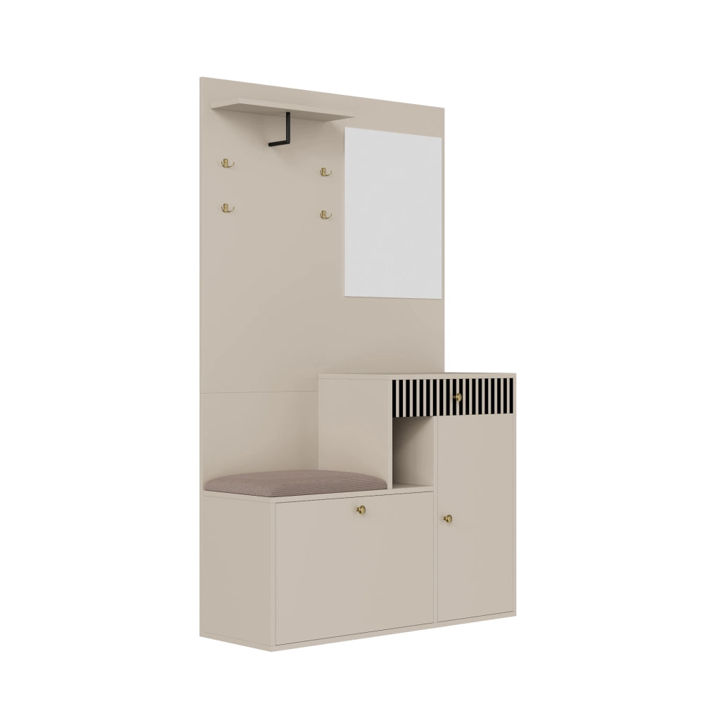 Mobile Ingresso con Specchio; 2 Ante; 1 Cassetto e Ripiani Regolabili; Seduta Imbottita; in MDF; 110??37??185;5 cm; Beige