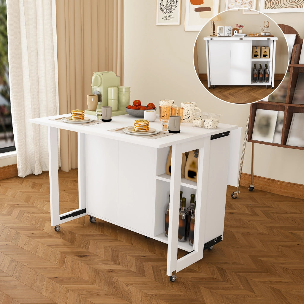 Tavolo da pranzo pieghevole con vano contenitore e ruote - per cucina - bianco