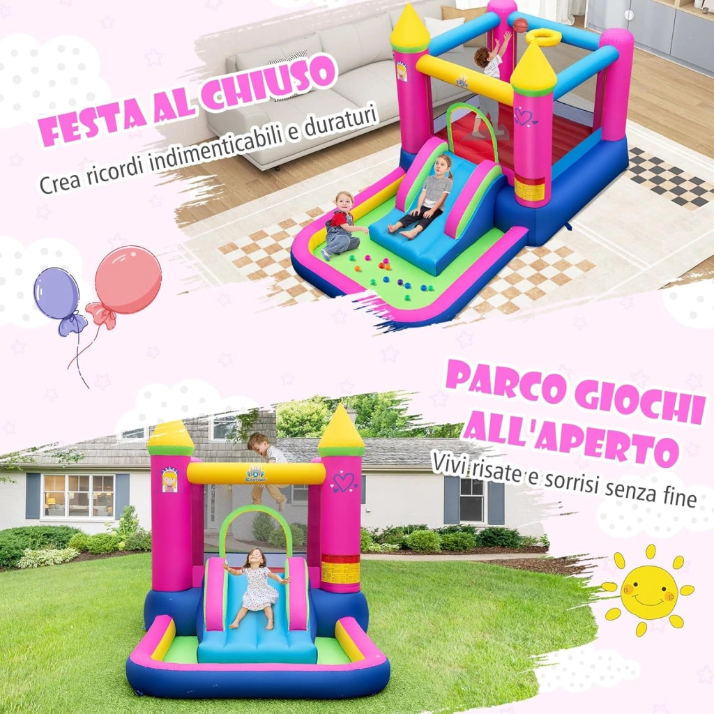 4-in-1 Castello Gonfiabile per Bambini, Castello a Tema Principessa con Scivolo, Area Salto, Canestro da Basket e Vasca per Palline, Giochi Gonfiabile per 3-12 Anni (Senza Soffiatore)