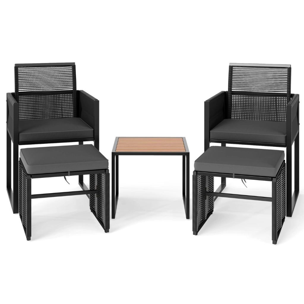 Set da giardino in rattan PE da 5 pezzi con pouf, Poltrone lounge da giardino salvaspazio Nero-Set mobili da esterno