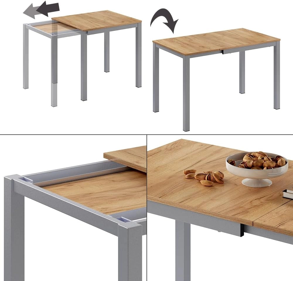 Tavolo da pranzo Granny, Quercia/grigio, 120 x 70 cm Estensibile, con funzione di estensione per lunghezze del tavolo variabili