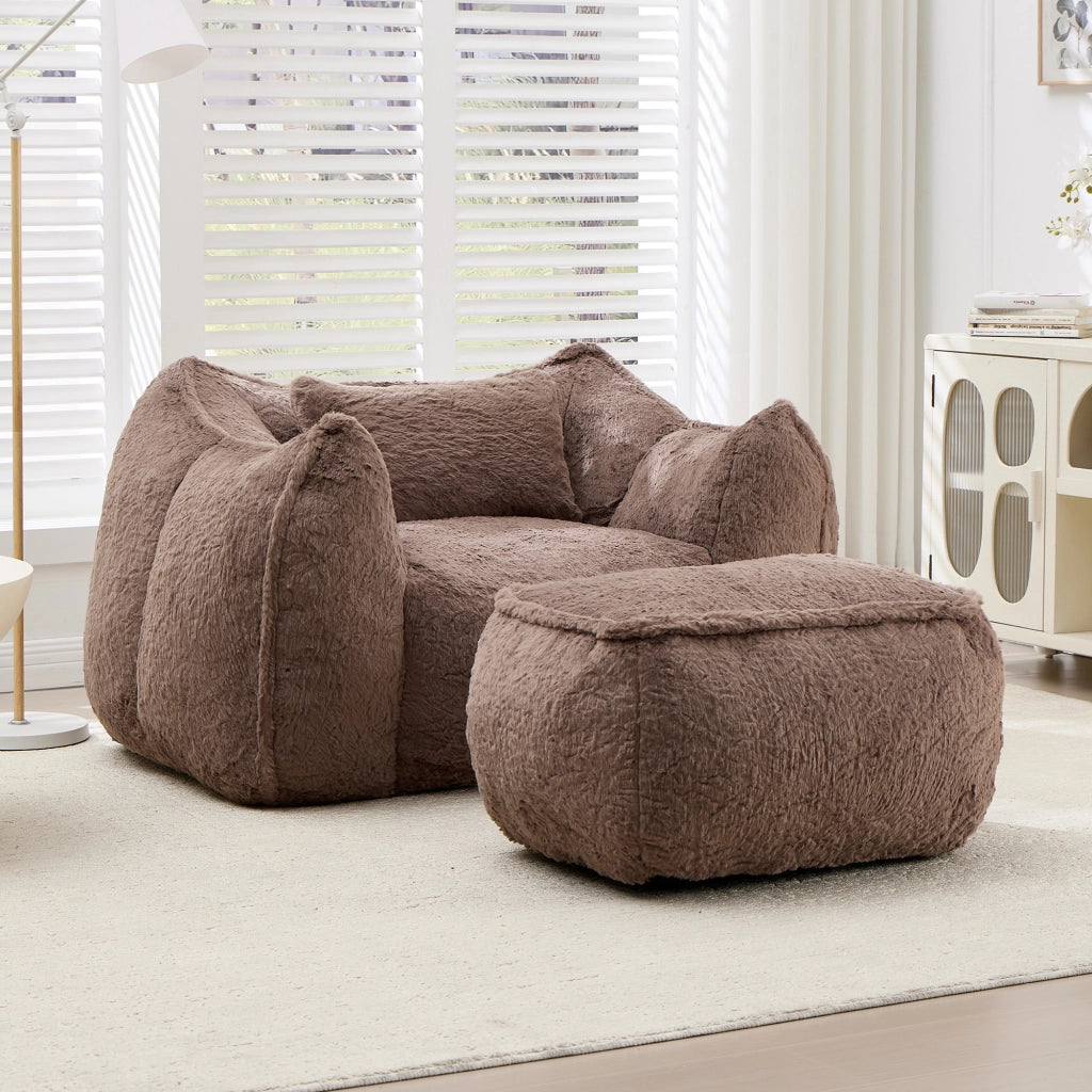 Poltrona pouf ergonomica senza montaggio con poggiapiedi e imbottitura in schiuma in faux fur kaki per relax