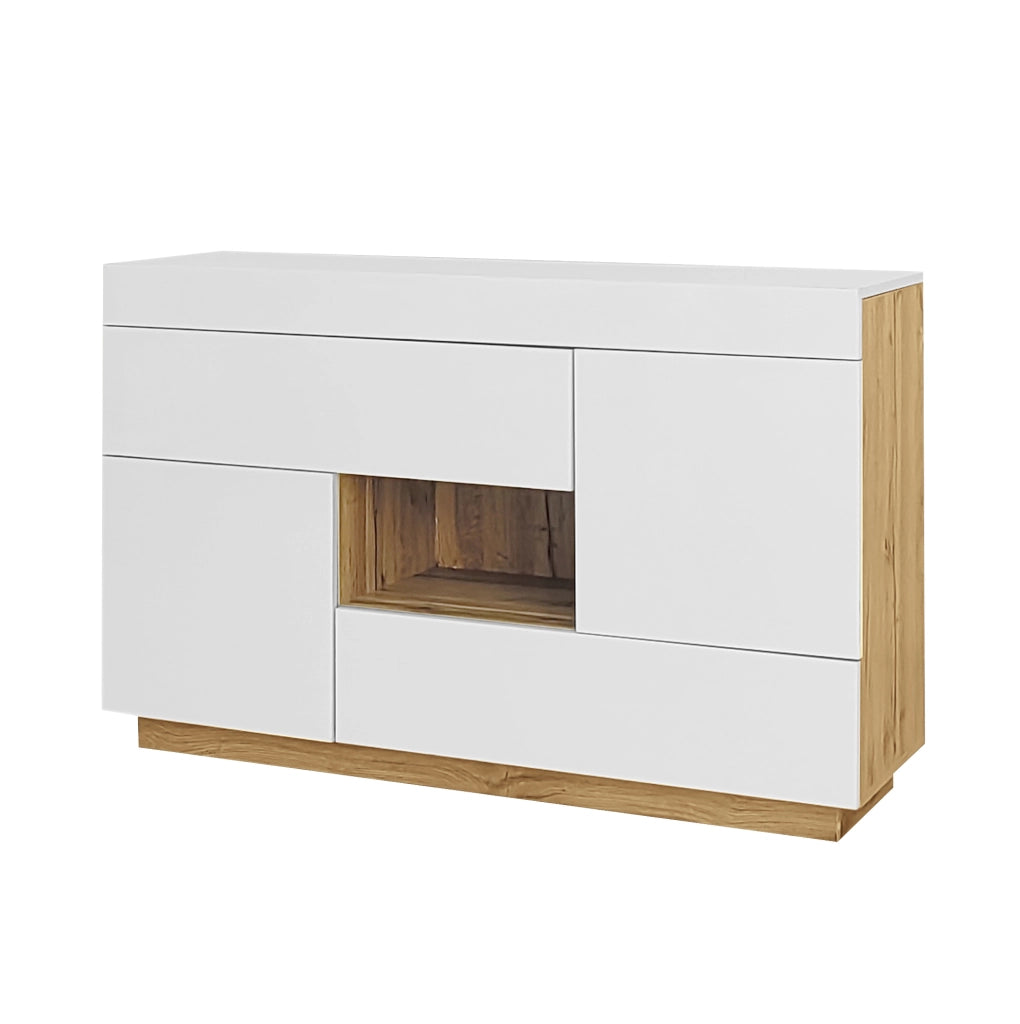 Credenza bicolore con 2 cassetti; 2 ante; vano aperto e LED app a 16 colori