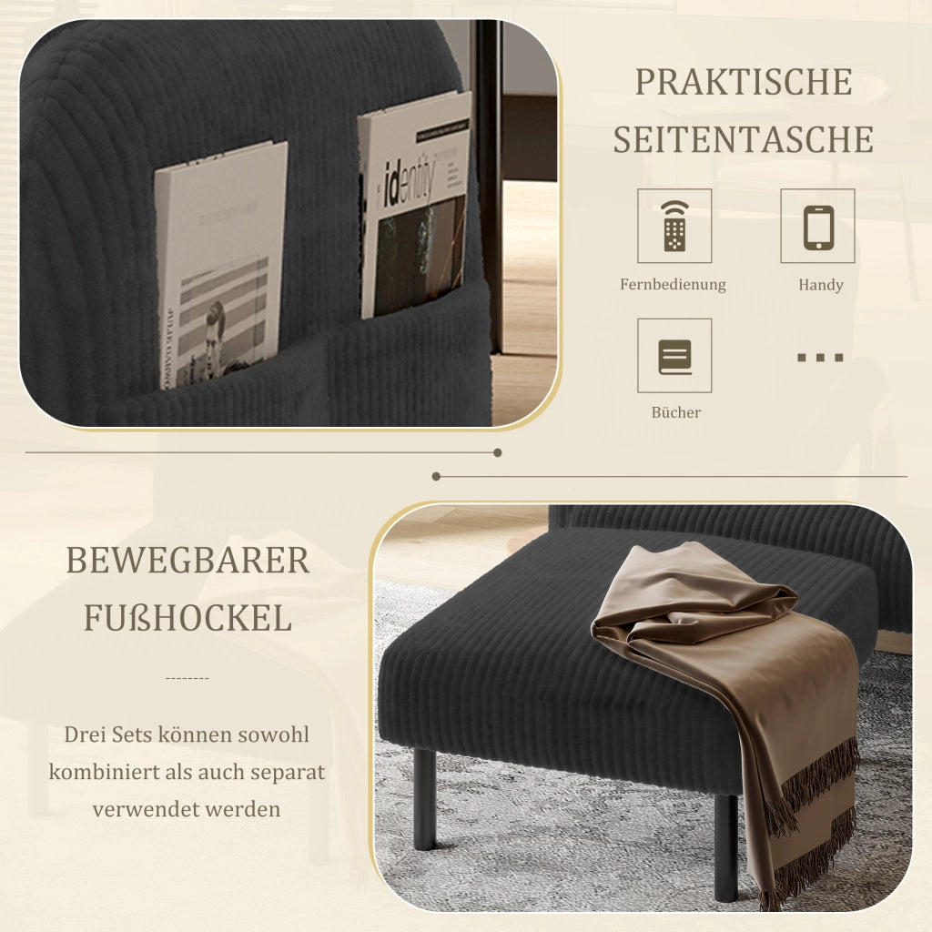 DIVANO 2 Posti 120 x 75 x 79 cm in Tessuto a Coste Grigio con Tasche Laterali