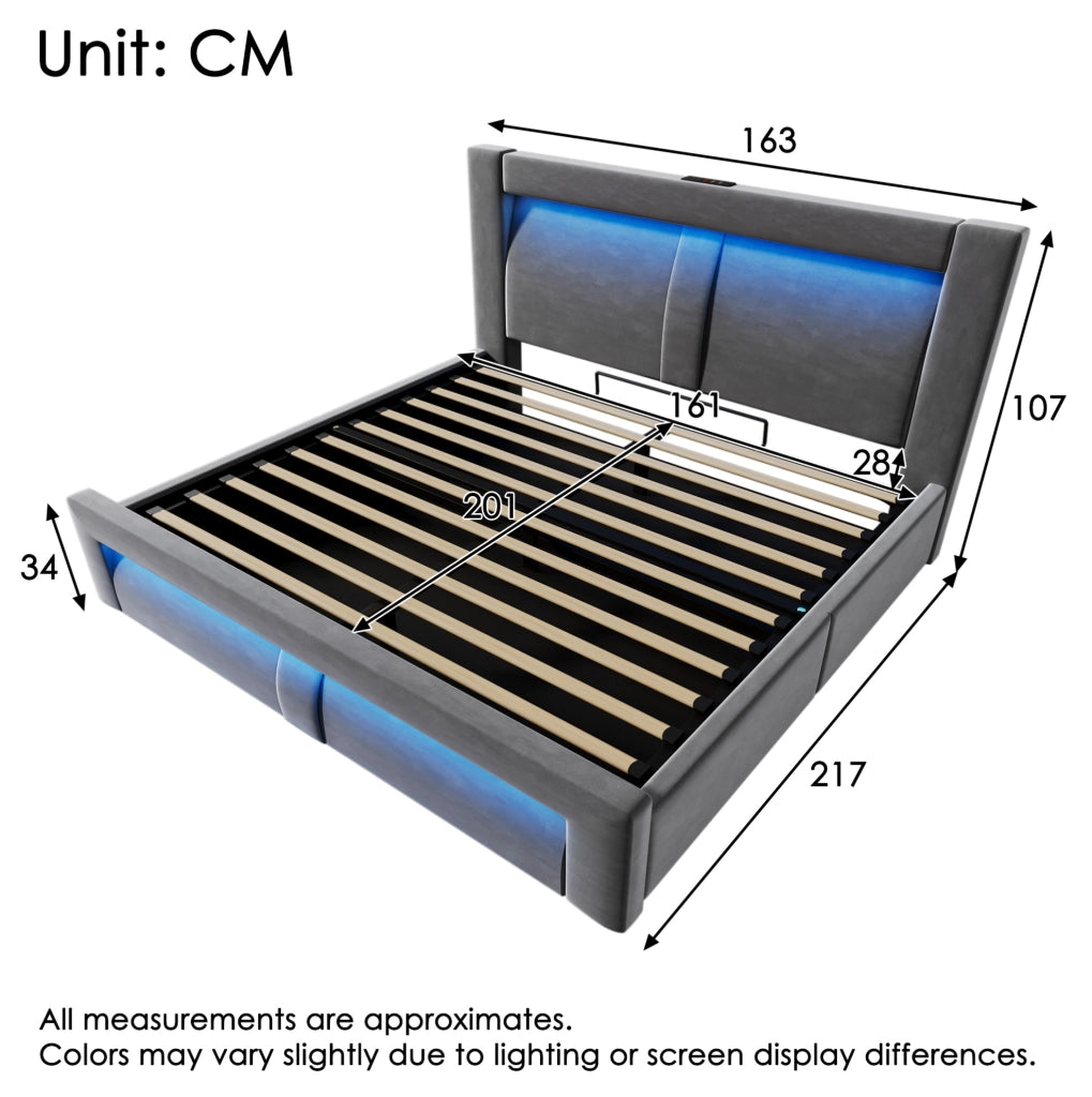 Letto matrimoniale 160x200 cm con contenitore; LED; USB e Type-C; velluto grigio; con materasso