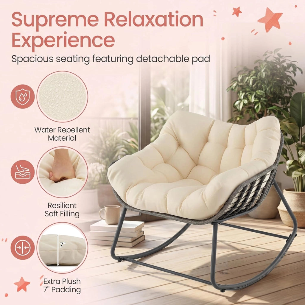 Sedia a Dondolo da Esterno e Interno, Poltrona Relax da Giardino in Rattan PE, con Cuscino Imbottito, Sedile Ampio e Antiribaltamento, per Salotto, Balcone, Terrazza, Portata 150 kg, Beige
