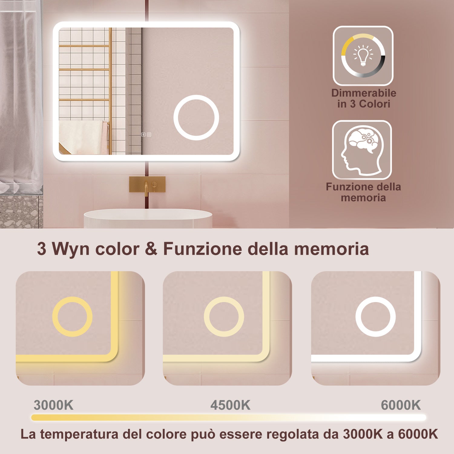 AICA Specchio da bagno  60 x 80 cm, dimmerabile, Blue tooth, Funzione Memoria, antiappannamento, 3 colori, Magnificatore