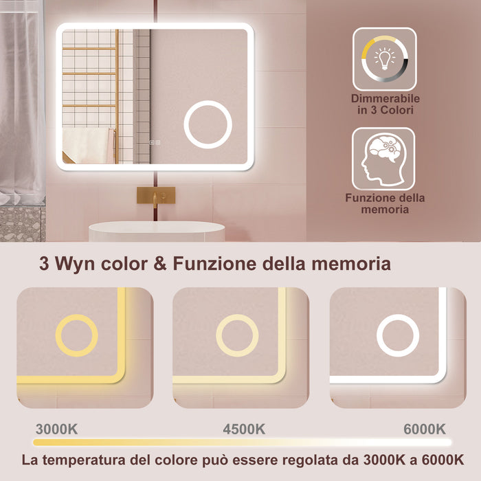 AICA Specchio da bagno  60 x 80 cm, dimmerabile, Blue tooth, Funzione Memoria, antiappannamento, 3 colori, Magnificatore