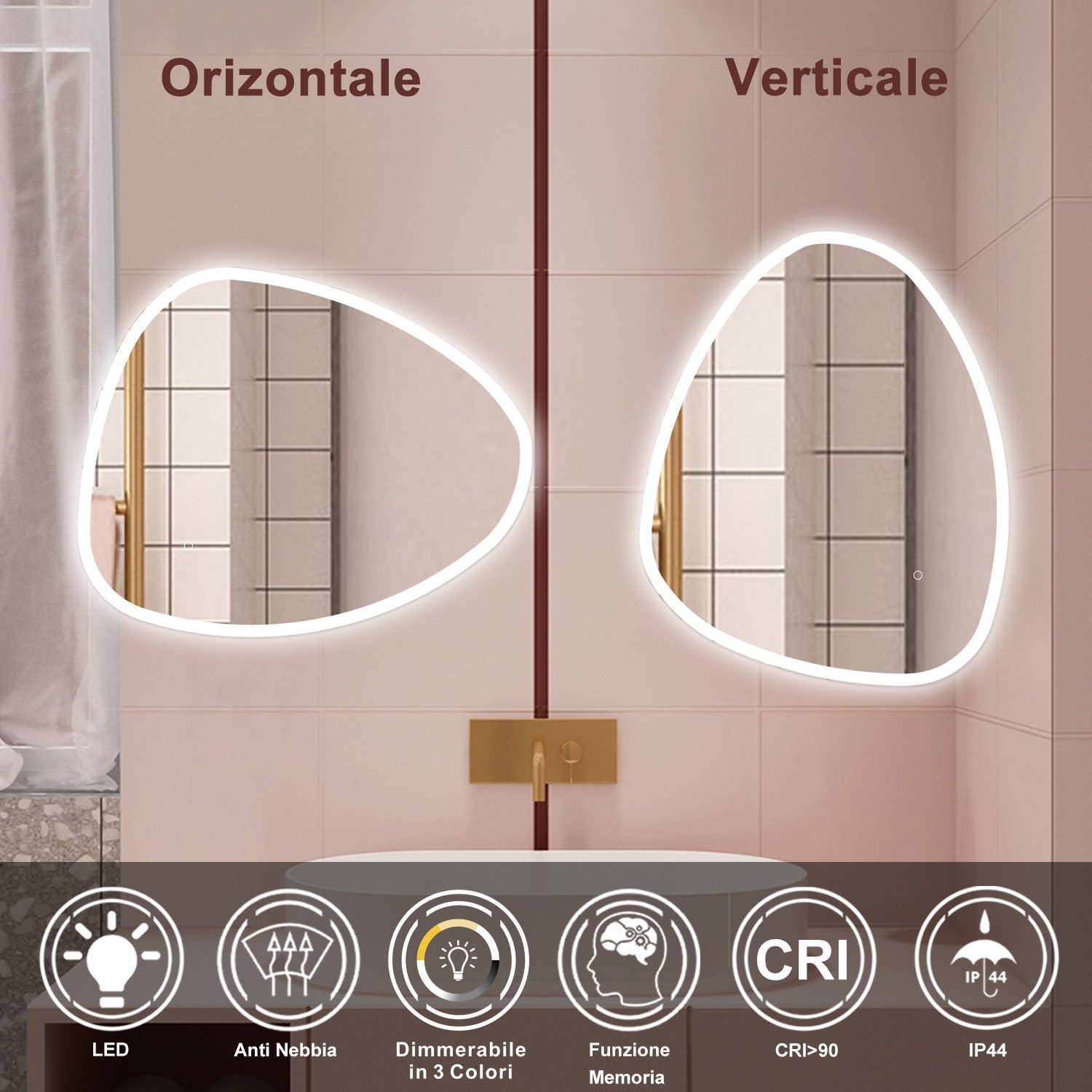 AICA Specchio da bagno  80 x 65 cm, dimmerabile, Funzione Memoria, antiappannamento, 3 colori